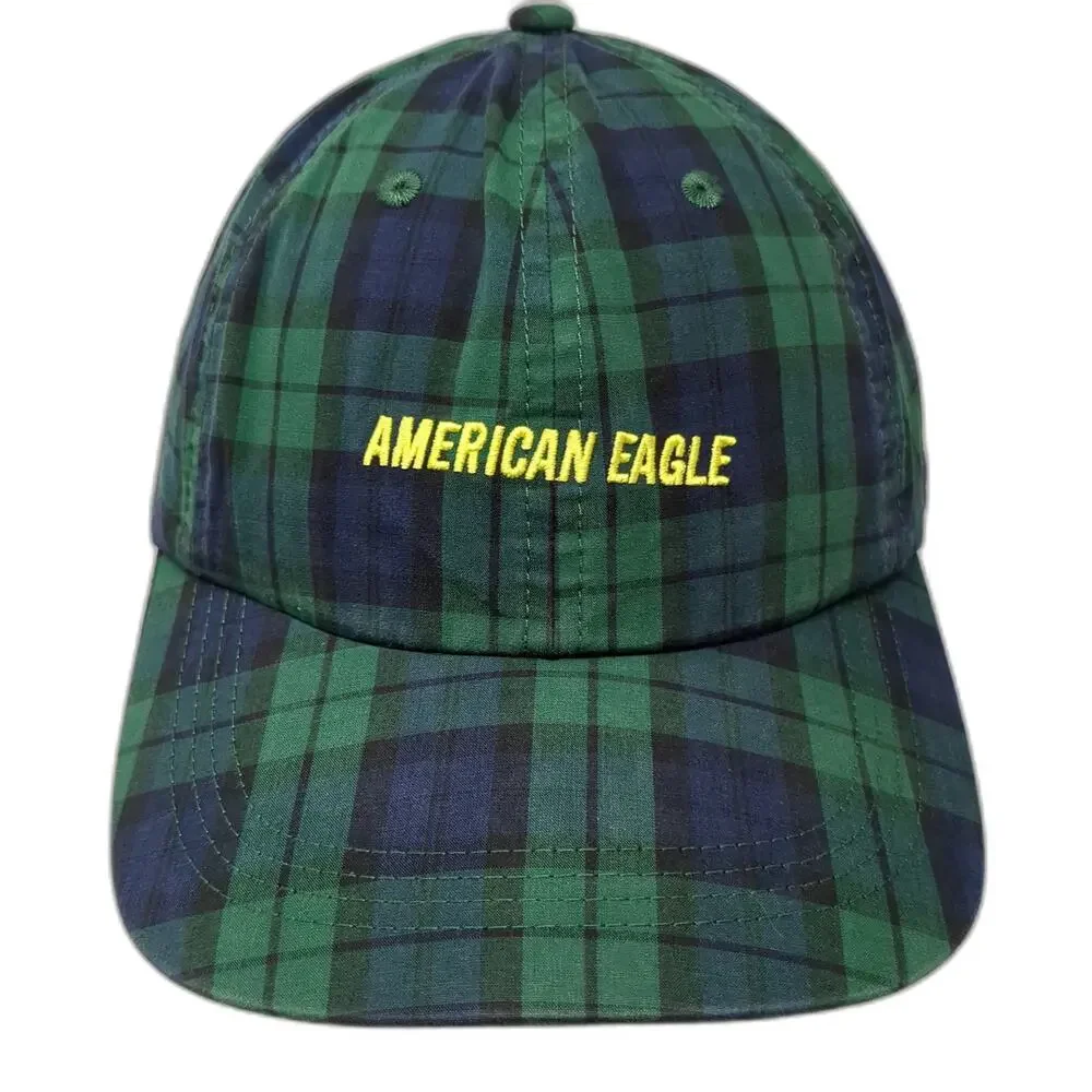 American Eagle Baseball Cap Green Blue Yellow Plaid OSFM Slideback Cotton Hat